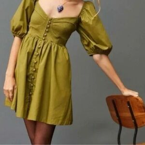 EUC ANTHROPOLOGIE Maeve Puff-Sleeved Sweetheart Mini Dress Moss Small